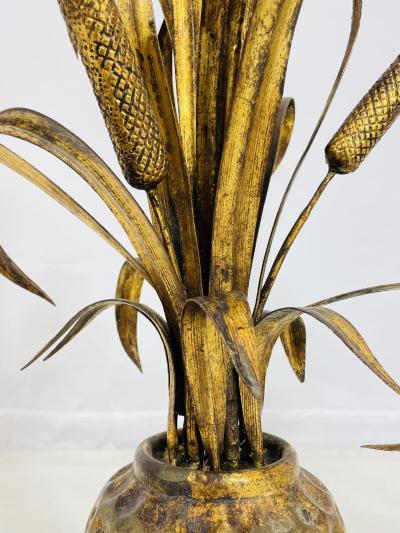 Maison Jansen Pair of Maison Jansen Style Gilt Metal Lamps with Cattail Motif France 1950s