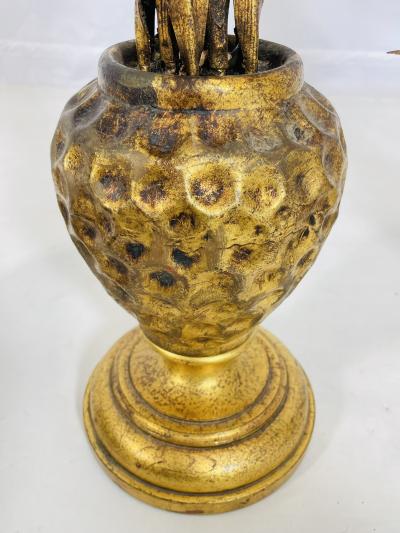 Maison Jansen Pair of Maison Jansen Style Gilt Metal Lamps with Cattail Motif France 1950s