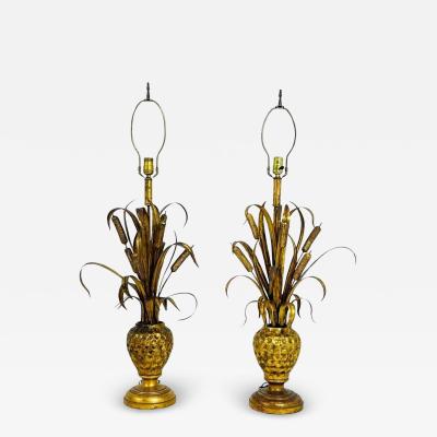 Maison Jansen Pair of Maison Jansen Style Gilt Metal Lamps with Cattail Motif France 1950s
