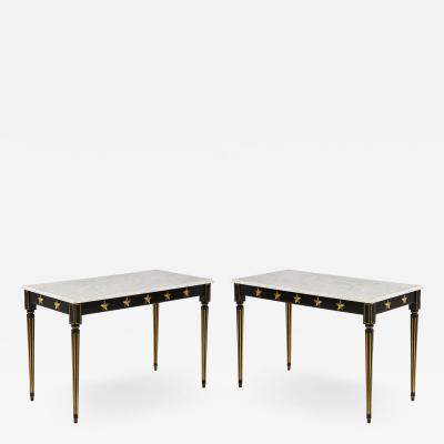 Maison Jansen Pair of Marble Topped Ebonized and Giltwood Consoles by Jansen