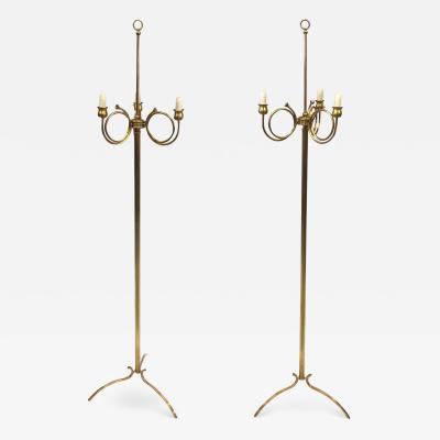 Maison Jansen Pair of Mid Century Modern Neoclassical Brass Floor Lamps by Maison Jansen