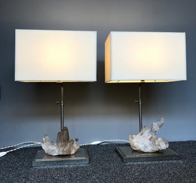 Maison Jansen Pair of Rock Crystal Quartz Lamps France 1970s