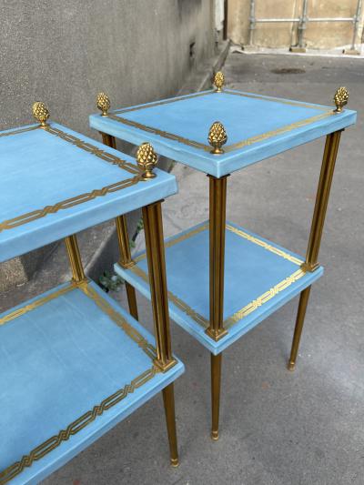 Maison Jansen Pair of leather and bronze side tables by Jacques Adnet