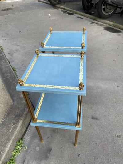 Maison Jansen Pair of leather and bronze side tables by Jacques Adnet
