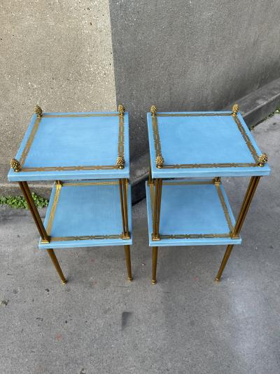 Maison Jansen Pair of leather and bronze side tables by Jacques Adnet