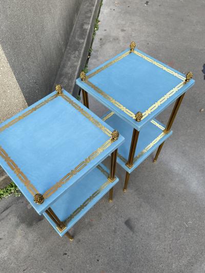 Maison Jansen Pair of leather and bronze side tables by Jacques Adnet