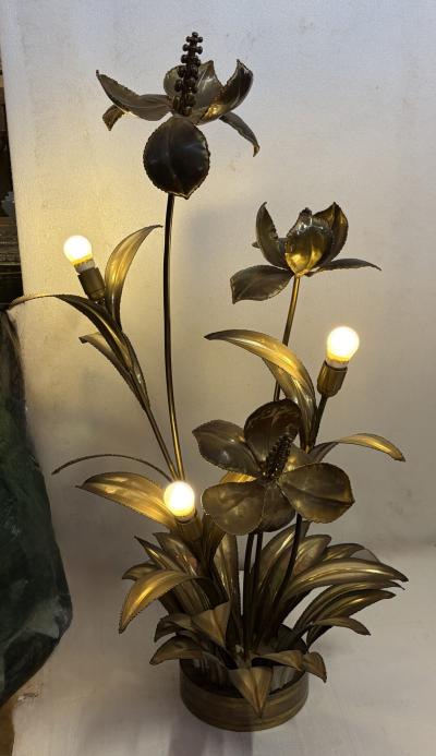 Maison Jansen Palm Tree Floor Lamp in Brass by Barbier Maison Jansen 3 Heads Brutalist