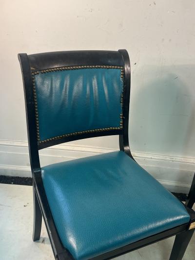 Maison Jansen SIX BLACK DINING CHAIRS WITH BRASS SABOT LEGS AND BRASS GREYHOUND HEAD ARMS