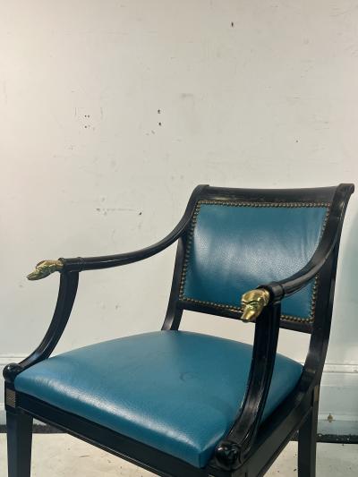 Maison Jansen SIX BLACK DINING CHAIRS WITH BRASS SABOT LEGS AND BRASS GREYHOUND HEAD ARMS