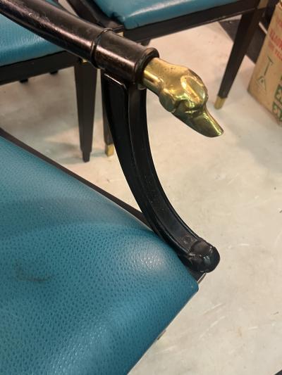 Maison Jansen SIX BLACK DINING CHAIRS WITH BRASS SABOT LEGS AND BRASS GREYHOUND HEAD ARMS