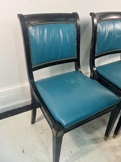 Maison Jansen SIX BLACK DINING CHAIRS WITH BRASS SABOT LEGS AND BRASS GREYHOUND HEAD ARMS