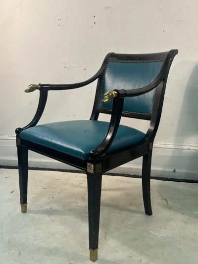 Maison Jansen SIX BLACK DINING CHAIRS WITH BRASS SABOT LEGS AND BRASS GREYHOUND HEAD ARMS