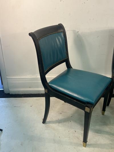 Maison Jansen SIX BLACK DINING CHAIRS WITH BRASS SABOT LEGS AND BRASS GREYHOUND HEAD ARMS