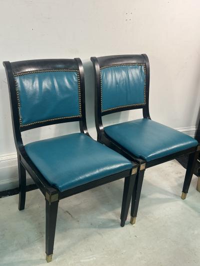 Maison Jansen SIX BLACK DINING CHAIRS WITH BRASS SABOT LEGS AND BRASS GREYHOUND HEAD ARMS