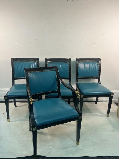 Maison Jansen SIX BLACK DINING CHAIRS WITH BRASS SABOT LEGS AND BRASS GREYHOUND HEAD ARMS