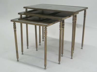 Maison Jansen Set 3 French Mid Century Modern Brass Mirror Nesting Tables by Maison Jansen