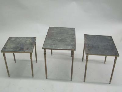 Maison Jansen Set 3 French Mid Century Modern Brass Mirror Nesting Tables by Maison Jansen