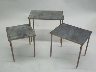 Maison Jansen Set 3 French Mid Century Modern Brass Mirror Nesting Tables by Maison Jansen
