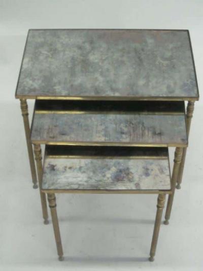 Maison Jansen Set 3 French Mid Century Modern Brass Mirror Nesting Tables by Maison Jansen