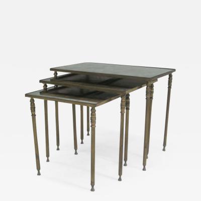 Maison Jansen Set 3 French Mid Century Modern Brass Mirror Nesting Tables by Maison Jansen
