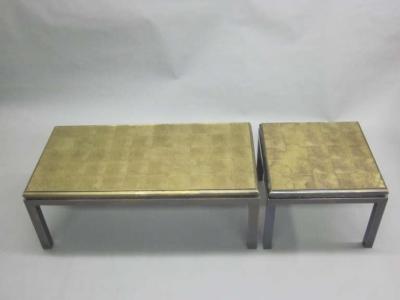 Maison Jansen Set of 2 French Gilt Verre glomis Coffee Tables by Guy Lefevre for Jansen