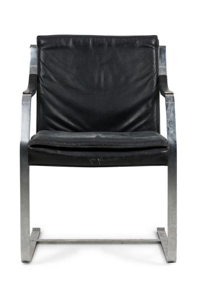 Maison Jansen Set of 2 French Mid Century Steel and Black Leather Armchairs by Maison Jansen