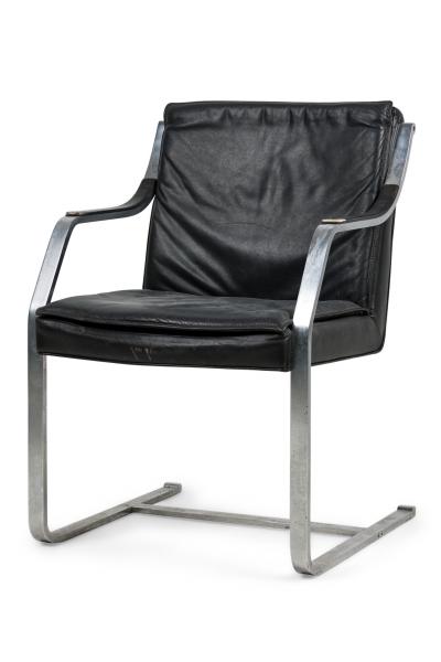 Maison Jansen Set of 2 French Mid Century Steel and Black Leather Armchairs by Maison Jansen