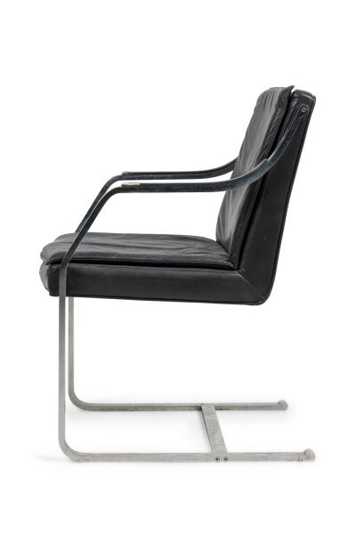 Maison Jansen Set of 2 French Mid Century Steel and Black Leather Armchairs by Maison Jansen