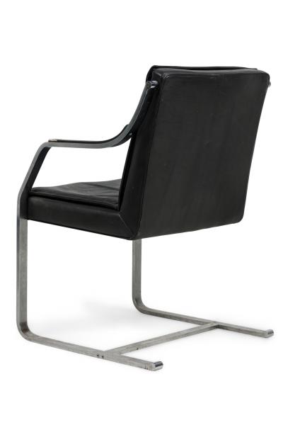 Maison Jansen Set of 2 French Mid Century Steel and Black Leather Armchairs by Maison Jansen