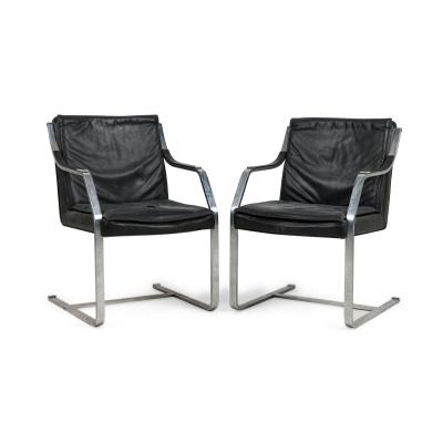 Maison Jansen Set of 2 French Mid Century Steel and Black Leather Armchairs by Maison Jansen