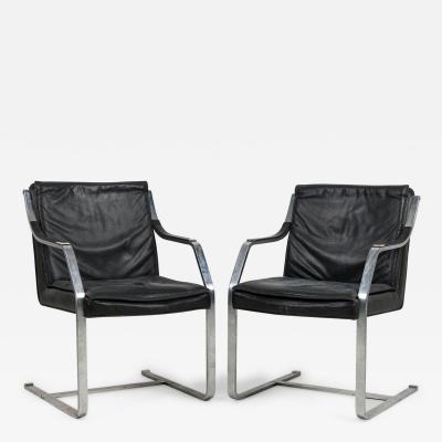Maison Jansen Set of 2 French Mid Century Steel and Black Leather Armchairs by Maison Jansen