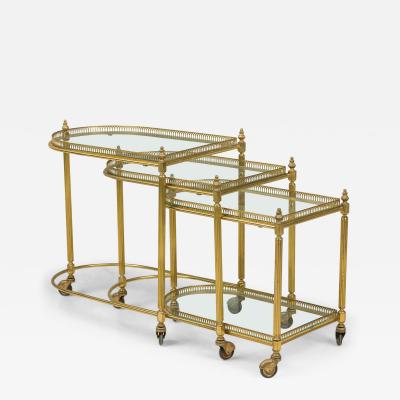Maison Jansen Set of 3 Maison Jansen Mid Century French Brass Rolling Nesting Tables
