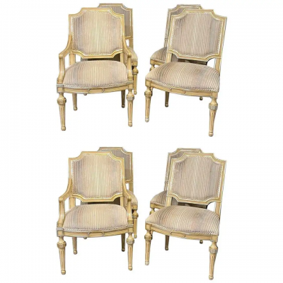 Maison Jansen Set of Eight Louis XVI Style Dining Chairs Painted and Parcel Gilt Jansen Style