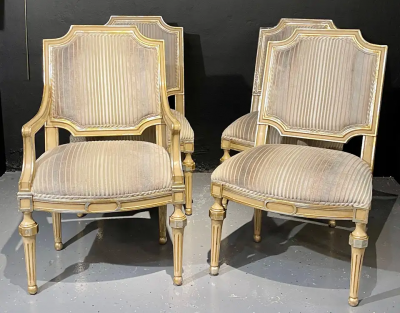 Maison Jansen Set of Eight Louis XVI Style Dining Chairs Painted and Parcel Gilt Jansen Style