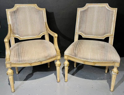 Maison Jansen Set of Eight Louis XVI Style Dining Chairs Painted and Parcel Gilt Jansen Style