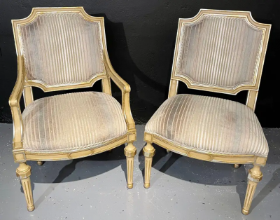 Maison Jansen Set of Eight Louis XVI Style Dining Chairs Painted and Parcel Gilt Jansen Style