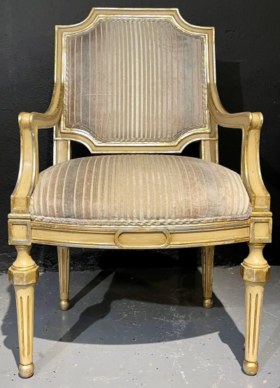 Maison Jansen Set of Eight Louis XVI Style Dining Chairs Painted and Parcel Gilt Jansen Style