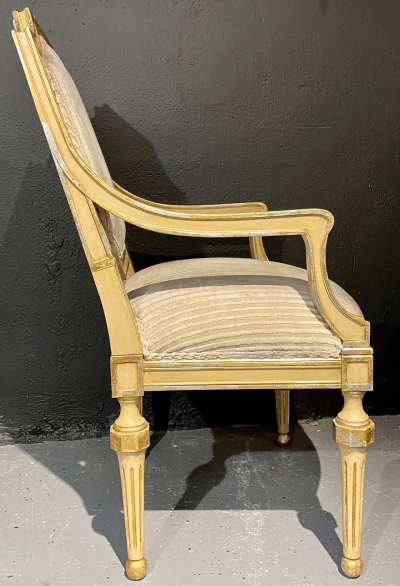 Maison Jansen Set of Eight Louis XVI Style Dining Chairs Painted and Parcel Gilt Jansen Style