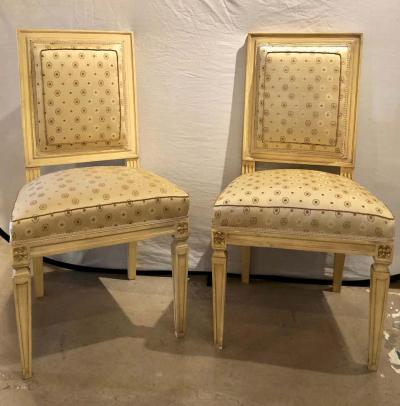 Maison Jansen Set of Ten Jansen Style Paint Decorated Gilt Louis XVI Style Dining Chairs