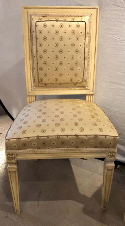 Maison Jansen Set of Ten Jansen Style Paint Decorated Gilt Louis XVI Style Dining Chairs