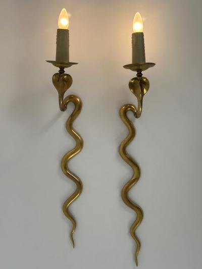 Maison Jansen Set of Two Rare Cast Brass Cobra Sconces or Wall Lamps by Maison Jansen 1950s