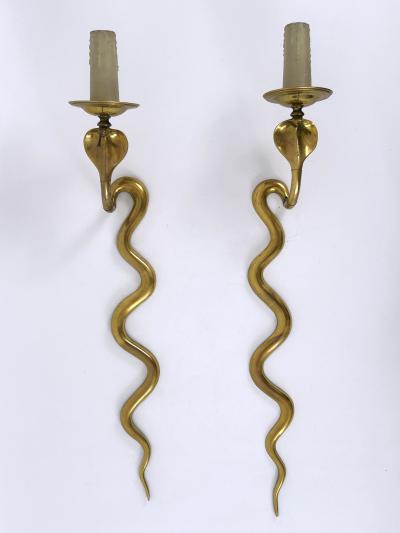 Maison Jansen Set of Two Rare Cast Brass Cobra Sconces or Wall Lamps by Maison Jansen 1950s