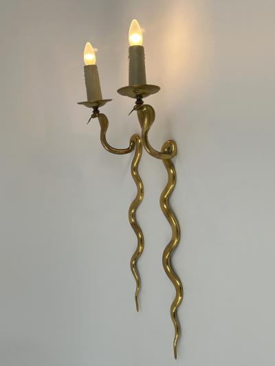 Maison Jansen Set of Two Rare Cast Brass Cobra Sconces or Wall Lamps by Maison Jansen 1950s