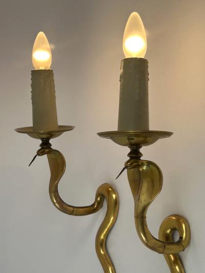 Maison Jansen Set of Two Rare Cast Brass Cobra Sconces or Wall Lamps by Maison Jansen 1950s