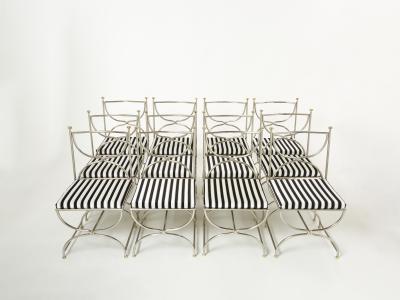 Maison Jansen Set of twelve steel brass velvet curule chairs by Maison Jansen 1960s