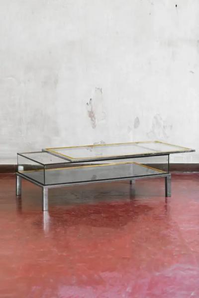 Maison Jansen Sliding Top Table With Shelf And Brass Frame In The Style Of Maison Jansen 70s