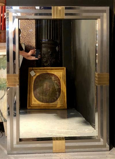 Maison Jansen Steel and Brass Hollywood Regency Wall or Console Mirror Manner of Maison Jansen