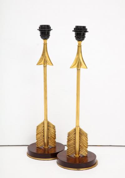 Maison Jansen Style Arrow Bronze and Mahogany Lamps