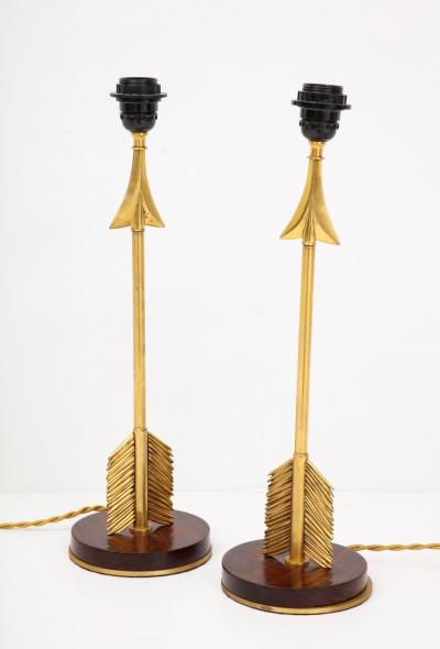 Maison Jansen Style Arrow Bronze and Mahogany Lamps