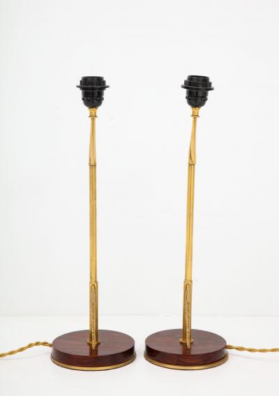Maison Jansen Style Arrow Bronze and Mahogany Lamps